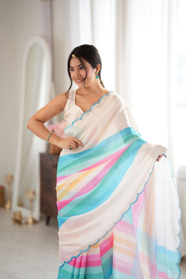 Off White Floral Printed with Mirror Border Chinon Saree (ACA9555)