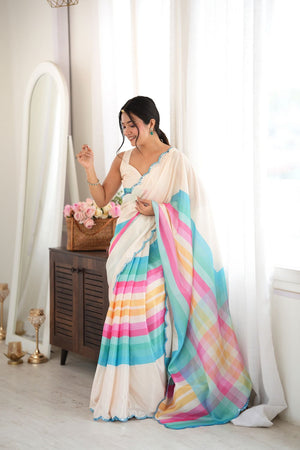 Off White Floral Printed with Mirror Border Chinon Saree (ACA9555)