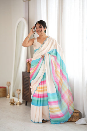 Off White Floral Printed with Mirror Border Chinon Saree (ACA9555)