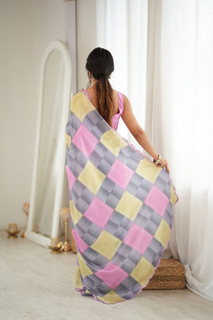 Grey Geometric Printed with Mirror Border Chinon Saree (ACA9556)