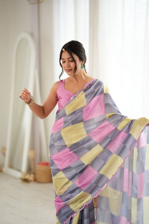 Grey Geometric Printed with Mirror Border Chinon Saree (ACA9556)