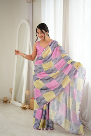 Grey Geometric Printed with Mirror Border Chinon Saree (ACA9556)