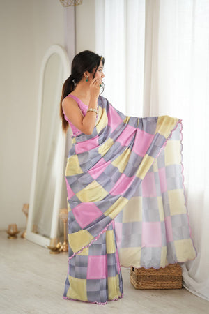 Grey Geometric Printed with Mirror Border Chinon Saree (ACA9556)
