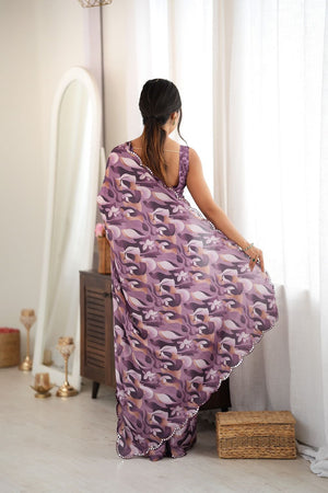 Mauve Floral Printed with Mirror Border Chinon Saree (ACA9557)