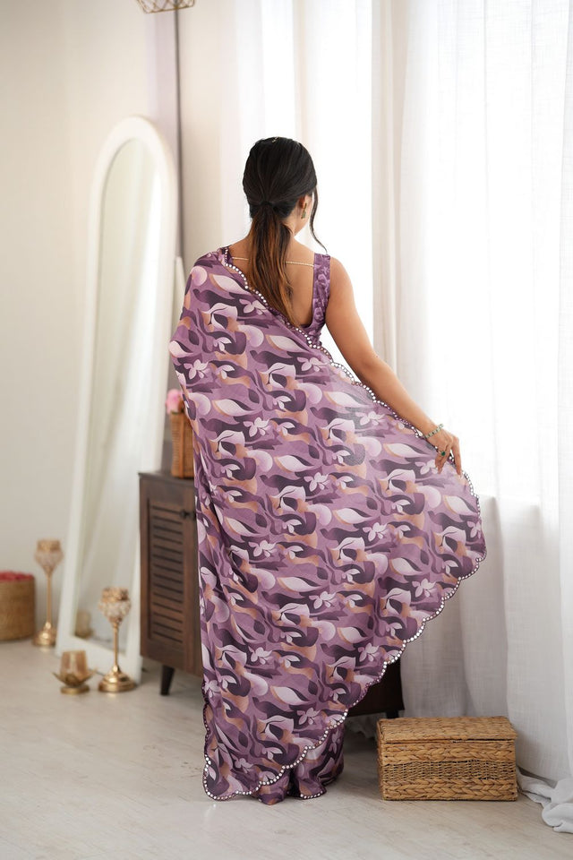 Mauve Floral Printed with Mirror Border Chinon Saree (ACA9557)