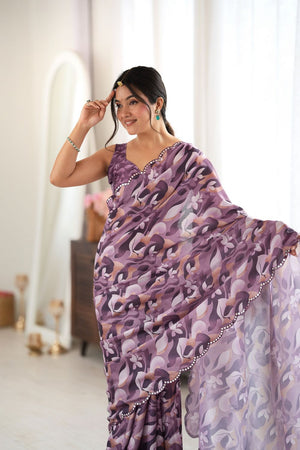 Mauve Floral Printed with Mirror Border Chinon Saree (ACA9557)