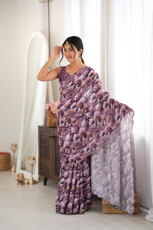 Mauve Floral Printed with Mirror Border Chinon Saree (ACA9557)