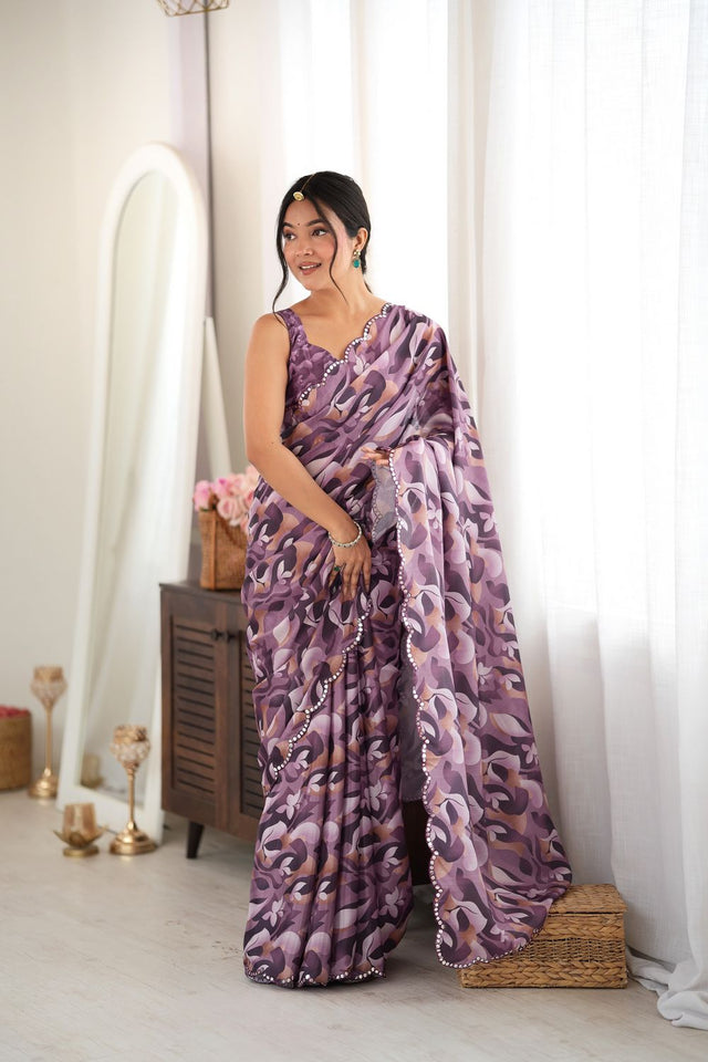 Mauve Floral Printed with Mirror Border Chinon Saree (ACA9557)
