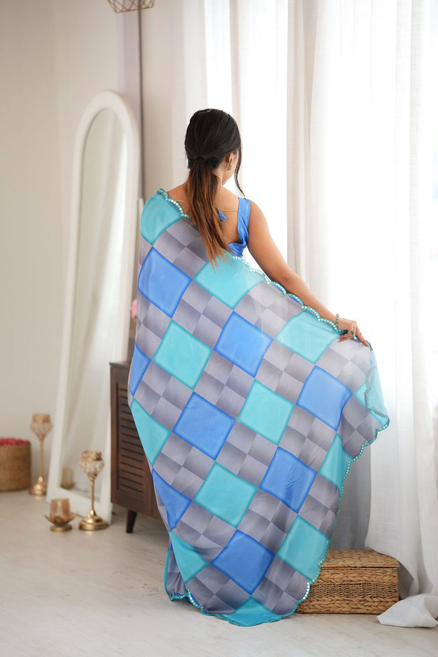 Blue Geometric Printed with Mirror Border Chinon Saree (ACA9558)