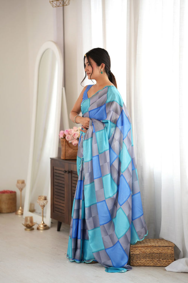 Blue Geometric Printed with Mirror Border Chinon Saree (ACA9558)
