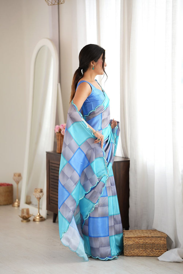Blue Geometric Printed with Mirror Border Chinon Saree (ACA9558)