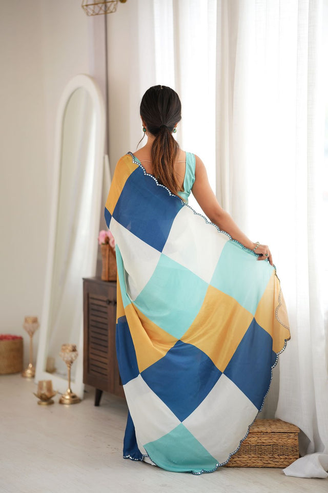 Multi Color Geometric Printed with Mirror Border Chinon Saree (ACA9559)