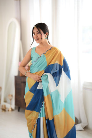 Multi Color Geometric Printed with Mirror Border Chinon Saree (ACA9559)