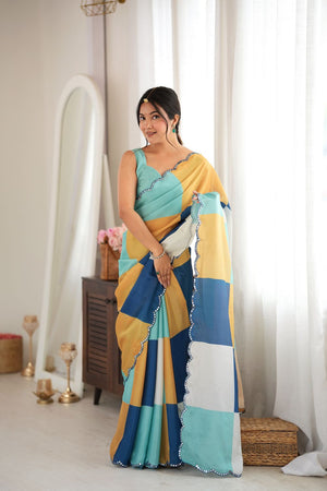 Multi Color Geometric Printed with Mirror Border Chinon Saree (ACA9559)