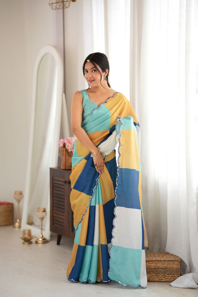 Multi Color Geometric Printed with Mirror Border Chinon Saree (ACA9559)