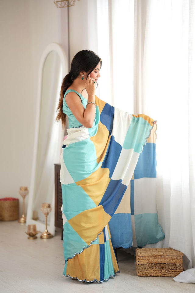 Multi Color Geometric Printed with Mirror Border Chinon Saree (ACA9559)