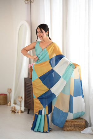 Multi Color Geometric Printed with Mirror Border Chinon Saree (ACA9559)