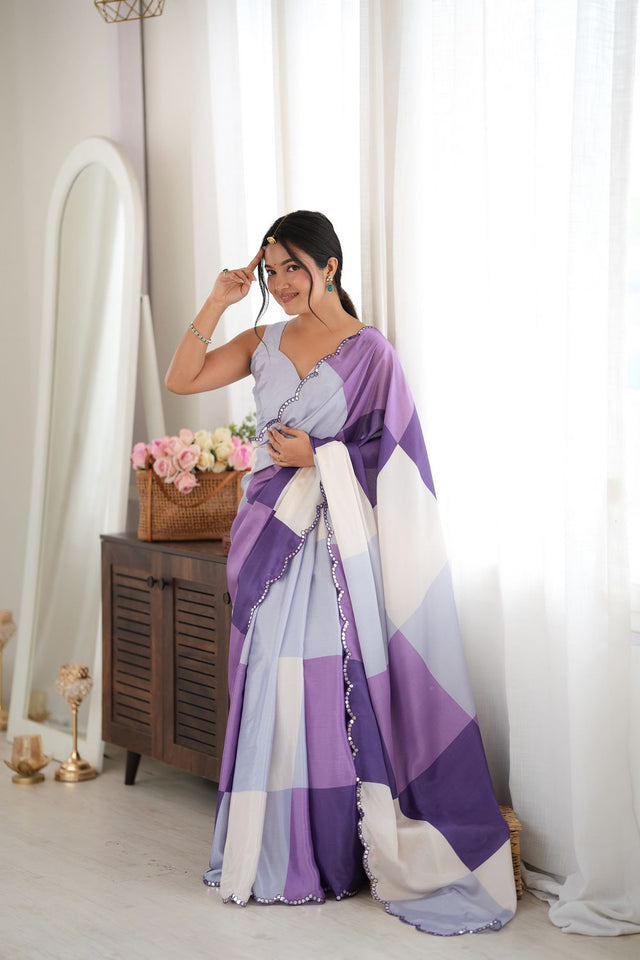 Purple Geometric Printed with Mirror Border Chinon Saree (ACA9560)