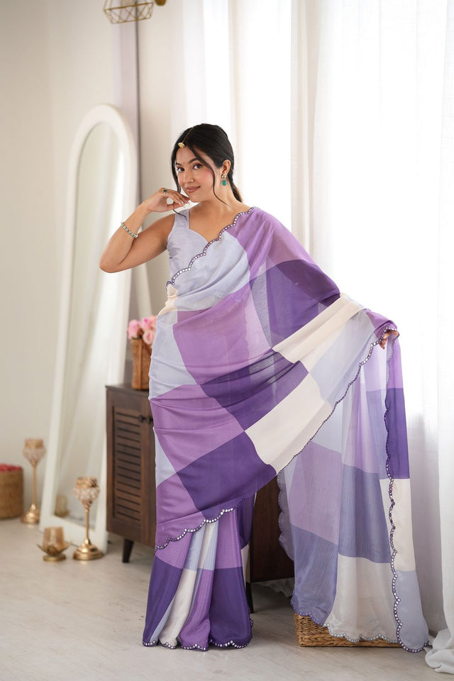 Purple Geometric Printed with Mirror Border Chinon Saree (ACA9560)