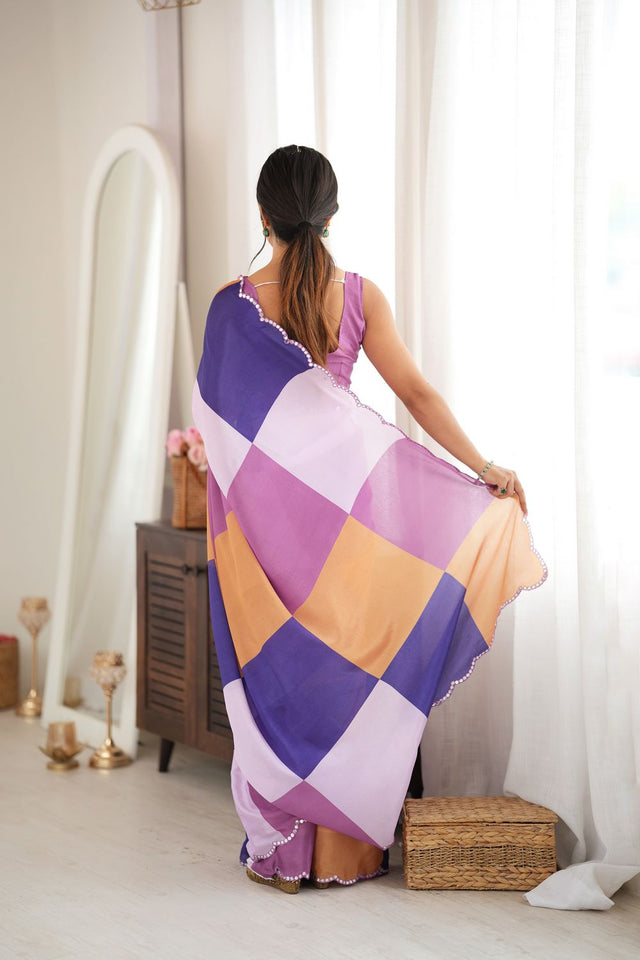 Multi Color Geometric Printed with Mirror Border Chinon Saree (ACA9561)