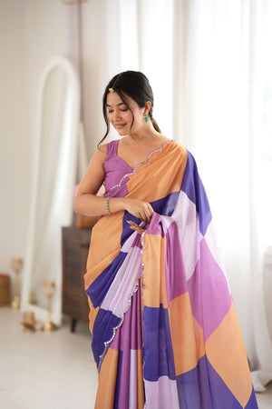Multi Color Geometric Printed with Mirror Border Chinon Saree (ACA9561)