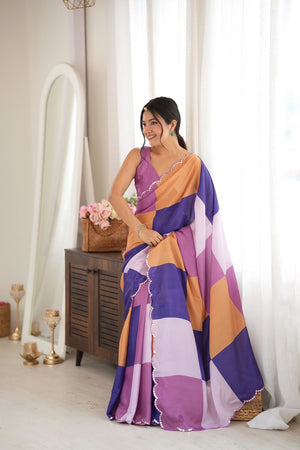 Multi Color Geometric Printed with Mirror Border Chinon Saree (ACA9561)