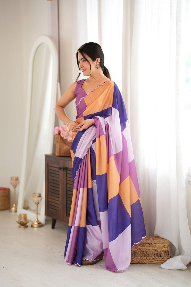 Multi Color Geometric Printed with Mirror Border Chinon Saree (ACA9561)
