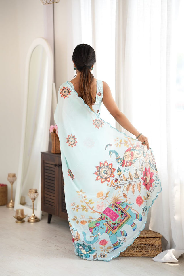 Sea Green Printed with Mirror Border Chinon Saree (ACA9562)