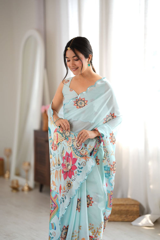 Sea Green Printed with Mirror Border Chinon Saree (ACA9562)