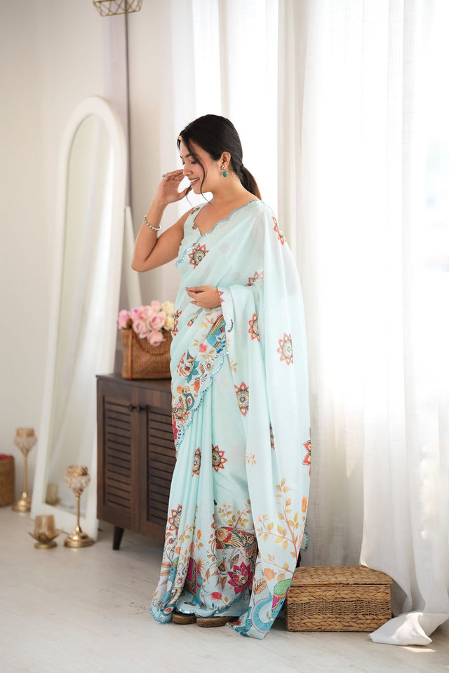 Sea Green Printed with Mirror Border Chinon Saree (ACA9562)