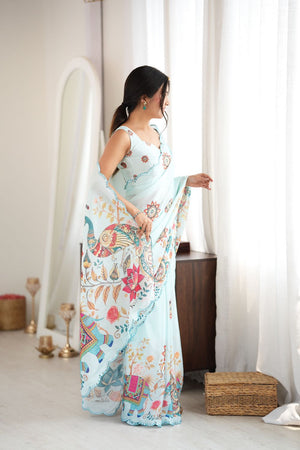Sea Green Printed with Mirror Border Chinon Saree (ACA9562)
