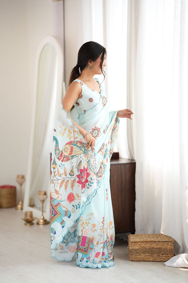 Sea Green Printed with Mirror Border Chinon Saree (ACA9562)
