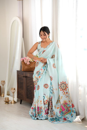 Sea Green Printed with Mirror Border Chinon Saree (ACA9562)