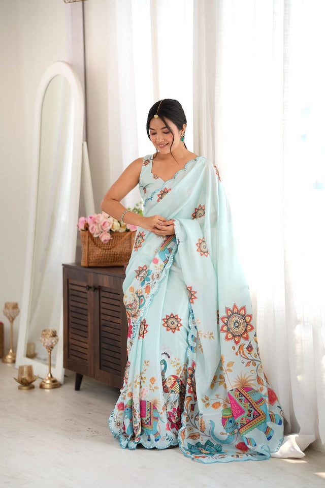 Sea Green Printed with Mirror Border Chinon Saree (ACA9562)