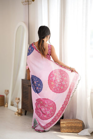 Pink Printed with Mirror Border Chinon Saree (ACA9563)