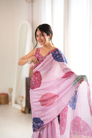 Pink Printed with Mirror Border Chinon Saree (ACA9563)