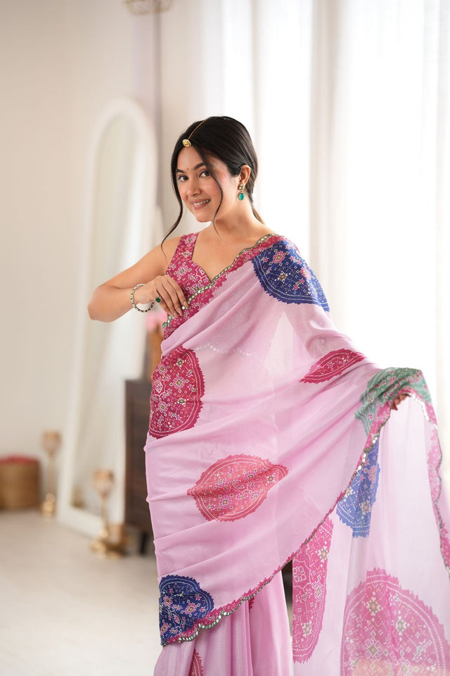 Pink Printed with Mirror Border Chinon Saree (ACA9563)