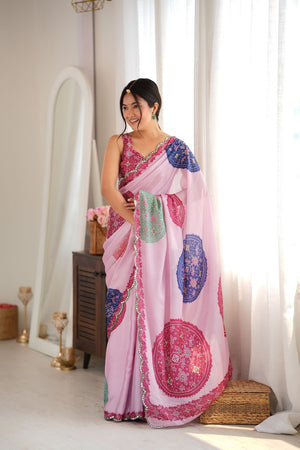 Pink Printed with Mirror Border Chinon Saree (ACA9563)