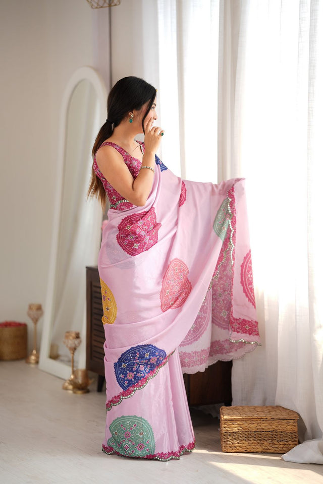 Pink Printed with Mirror Border Chinon Saree (ACA9563)