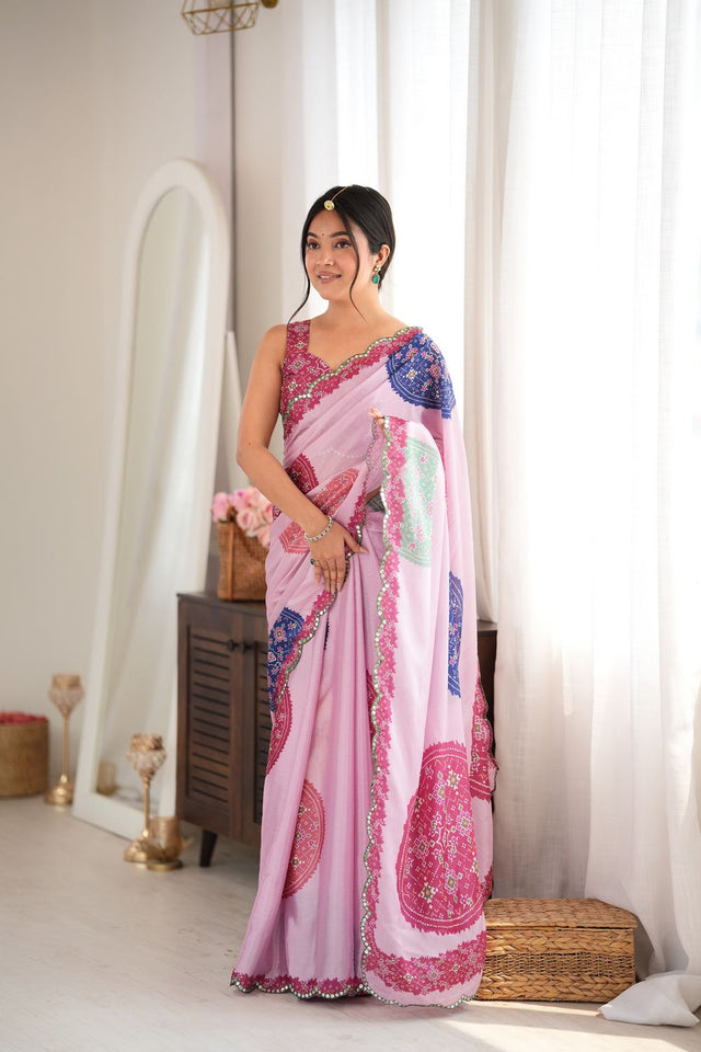 Pink Printed with Mirror Border Chinon Saree (ACA9563)