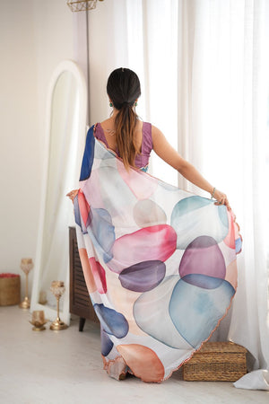 Multi Color Printed with Mirror Border Chinon Saree (ACA9564)