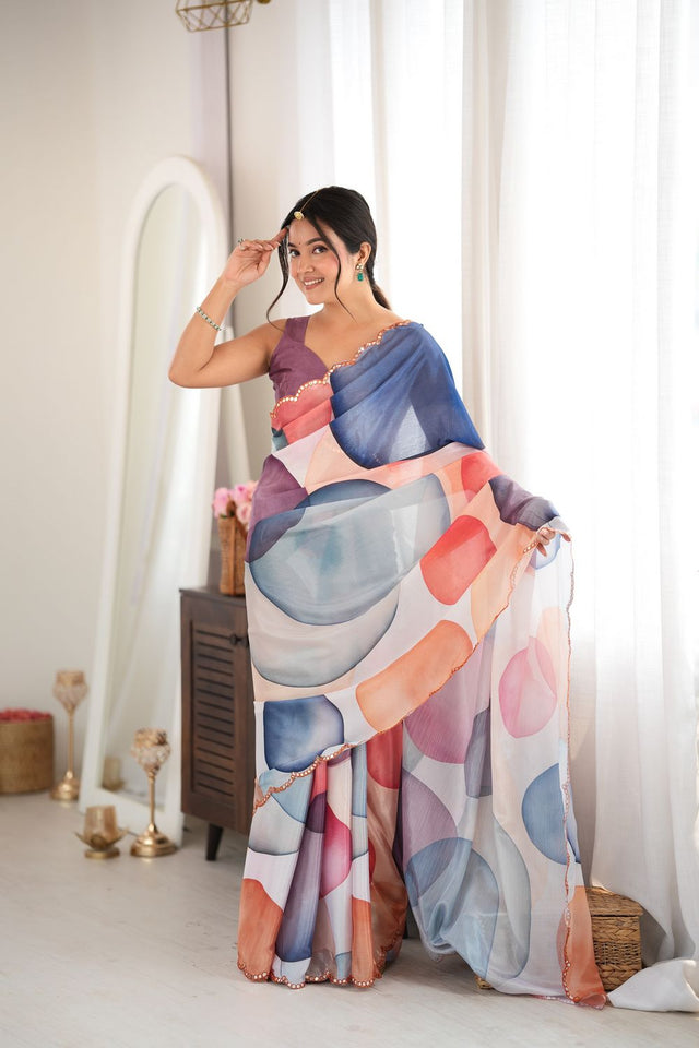 Multi Color Printed with Mirror Border Chinon Saree (ACA9564)