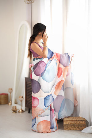 Multi Color Printed with Mirror Border Chinon Saree (ACA9564)