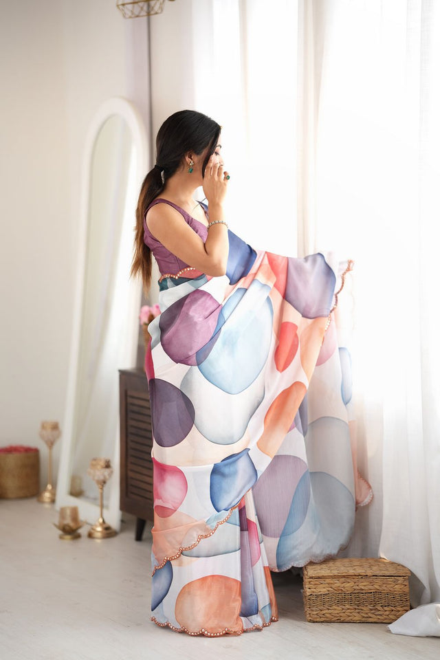 Multi Color Printed with Mirror Border Chinon Saree (ACA9564)
