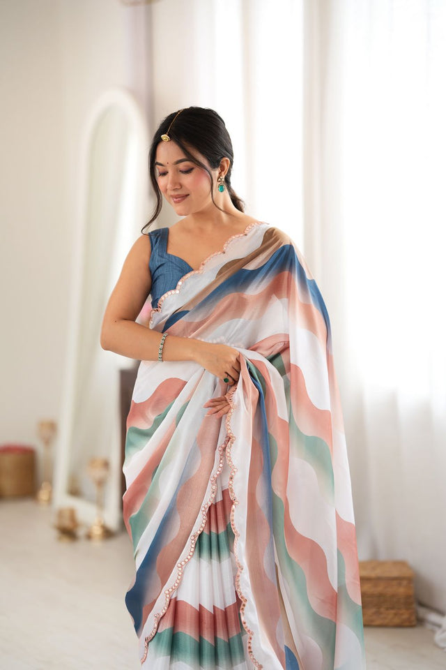 Multi Color Printed with Mirror Border Chinon Saree (ACA9565)