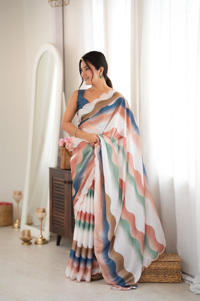 Multi Color Printed with Mirror Border Chinon Saree (ACA9565)