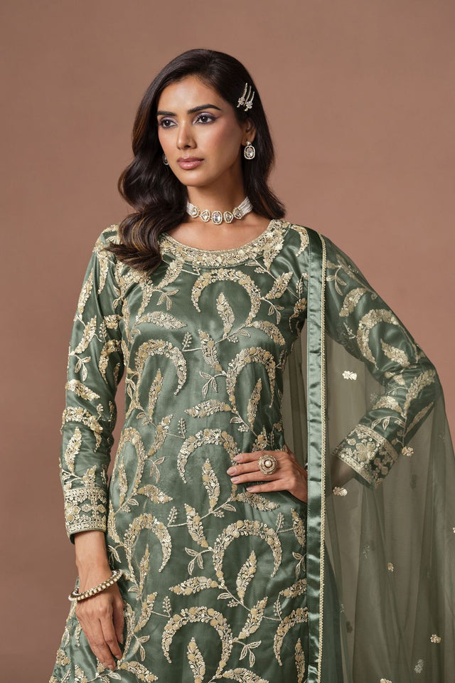 Green Embroidered Net Lehenga (ACA9567)
