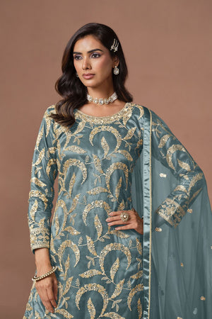 Blue Embroidered Net Lehenga (ACA9569)