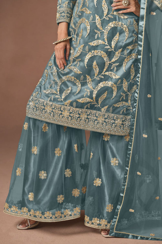 Blue Embroidered Net Lehenga (ACA9569)