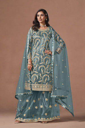 Blue Embroidered Net Lehenga (ACA9569)